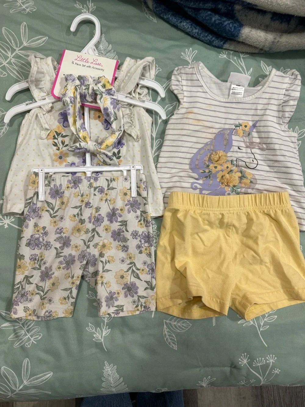 Little Lass Girls Floral & Unicorn Matching Set in Yellow, Purple, Cream - Picture 1 of 1